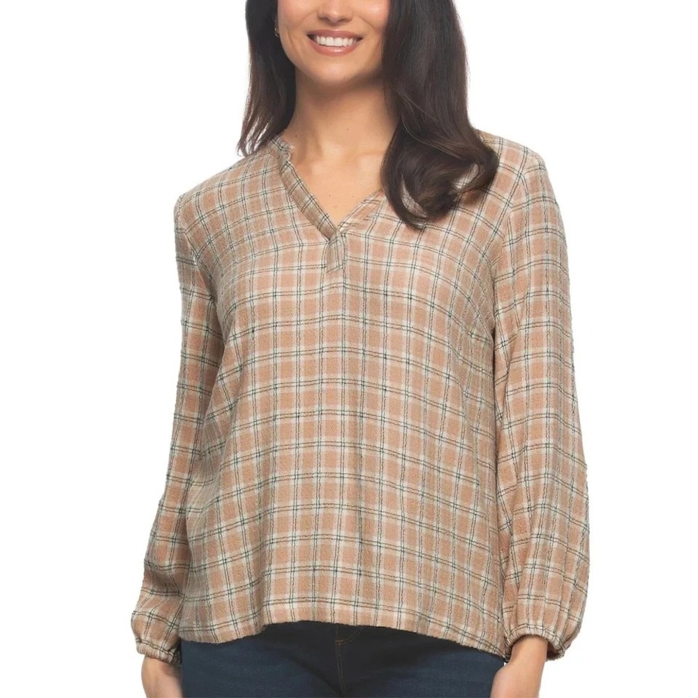 Felina Womens Lurex Plaid Top Cream Tan Metallic V-Neck Long Sleeve Large NEW